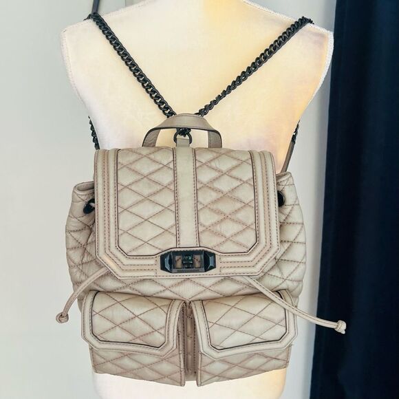 REBECCA MINKOFF QUILTED LOVE LEATHER‎ BACKPACK PURSE, Tan/Gray, Luxury - Picture 1 of 13